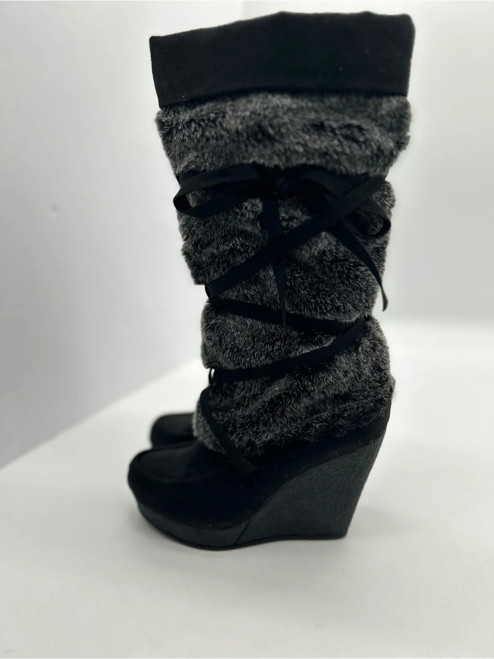 DecreeBlack Faux Fur Crisscross Wedge Winter Knee-High Boots 7 NWOT